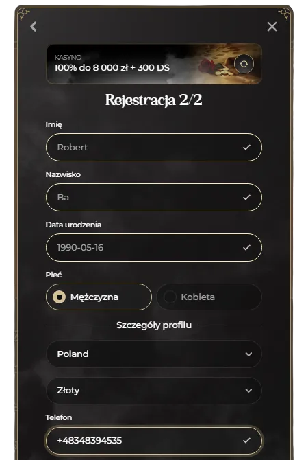 Rejestracja w Casina — krok 3